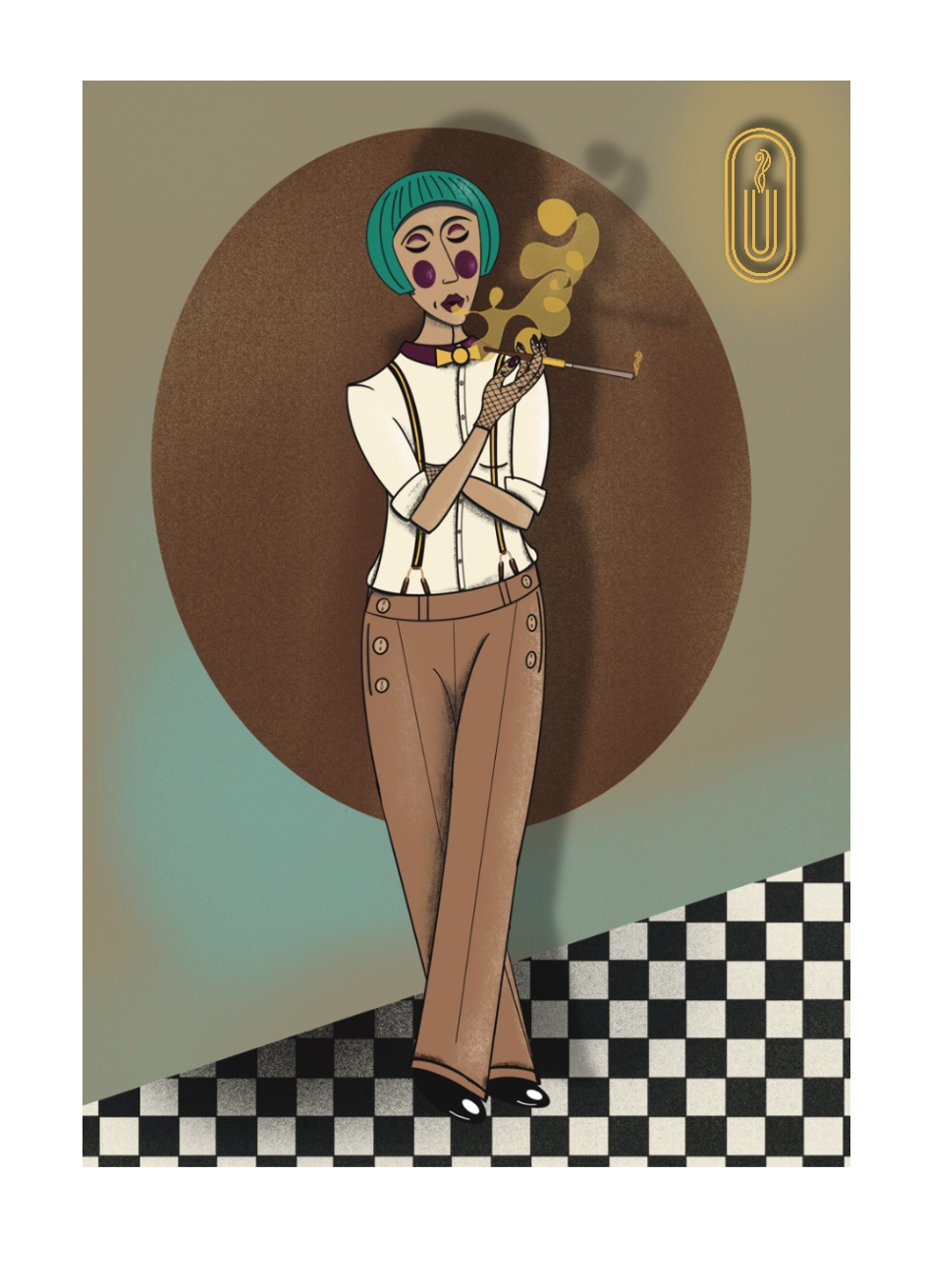 Illustration of the Saubi Lady with a cigarette holder, UMO® sticker artwork