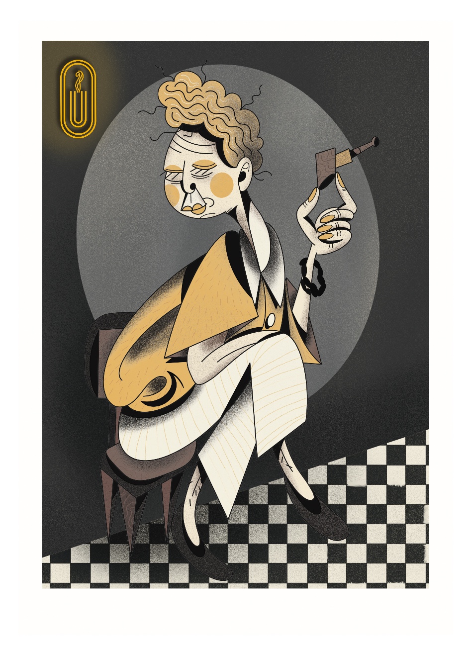 Illustration of the Pipe Lady holding a pipe, UMO® sticker artwork