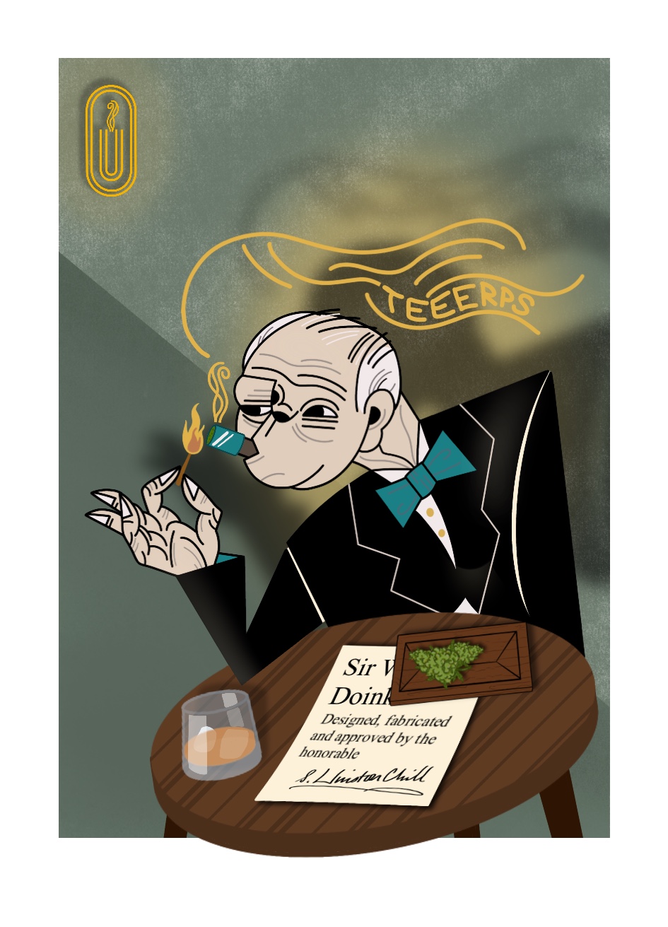 Illustration of Sir Winston lighting a doink, UMO® sticker artwork