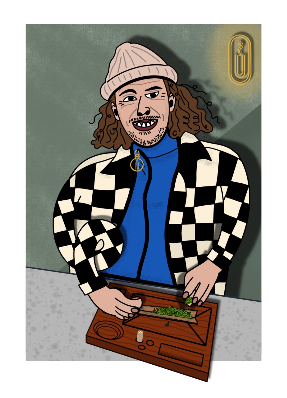 Illustration of a roller at a rolling tray, UMO® sticker artwork