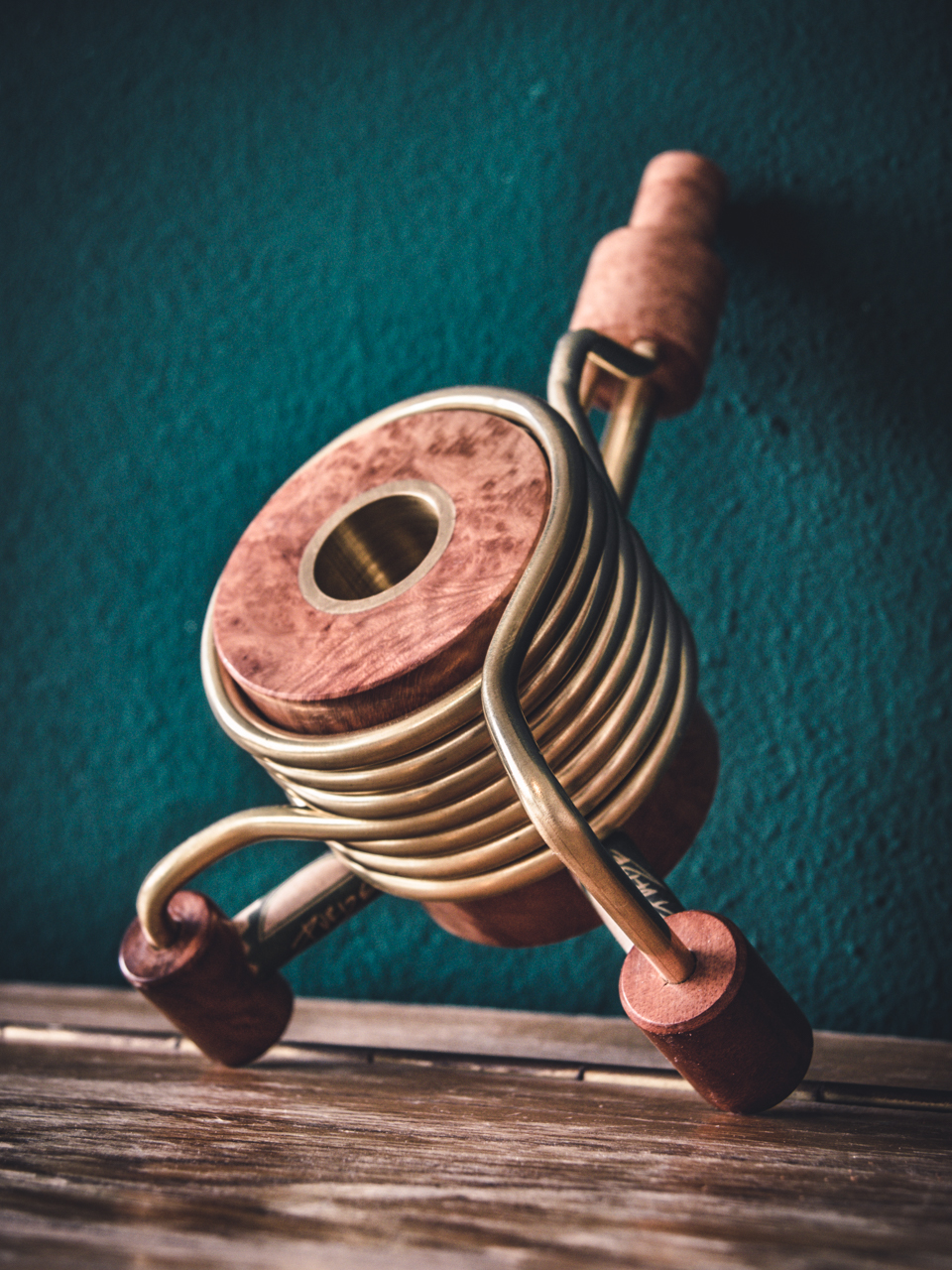 Custom briar wood pipe with brass chamber and twin cooling spirals