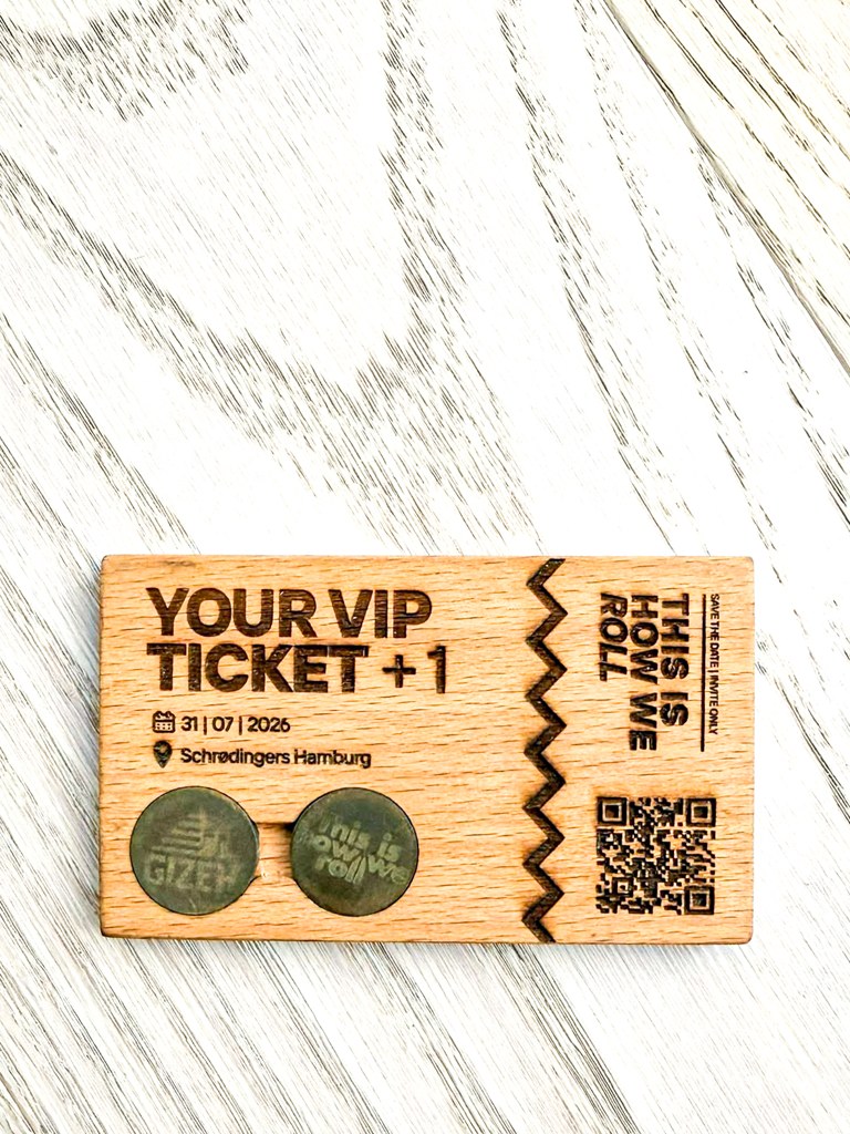 Solid hardwood invitation card with magnetic brass coins and engraved QR code